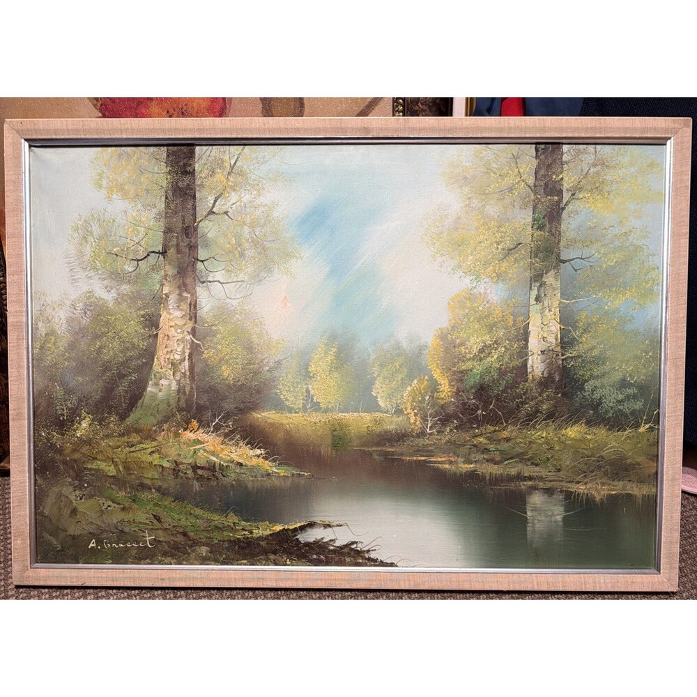 Vintage Mid century Landscape Oil Painting On Canvas By A. Brasset  26x38